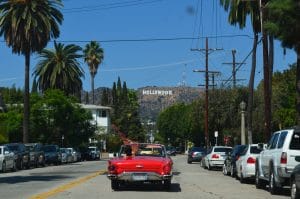 Red car on the move in Los Angeles.