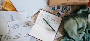 notebook, boxes and papers
