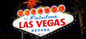 A neon "Welcome to Las Vegas" sign